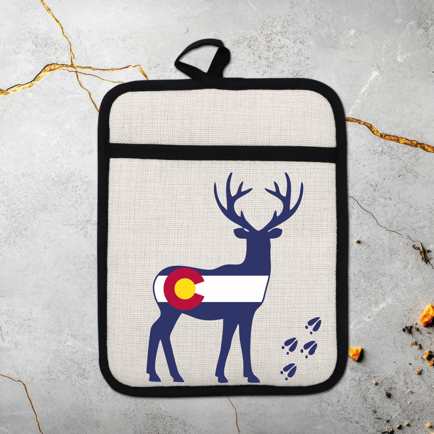 Colorado Deer Pot Holder - Linen Fabric, Silicone Back Trivet with Pocket Grip
