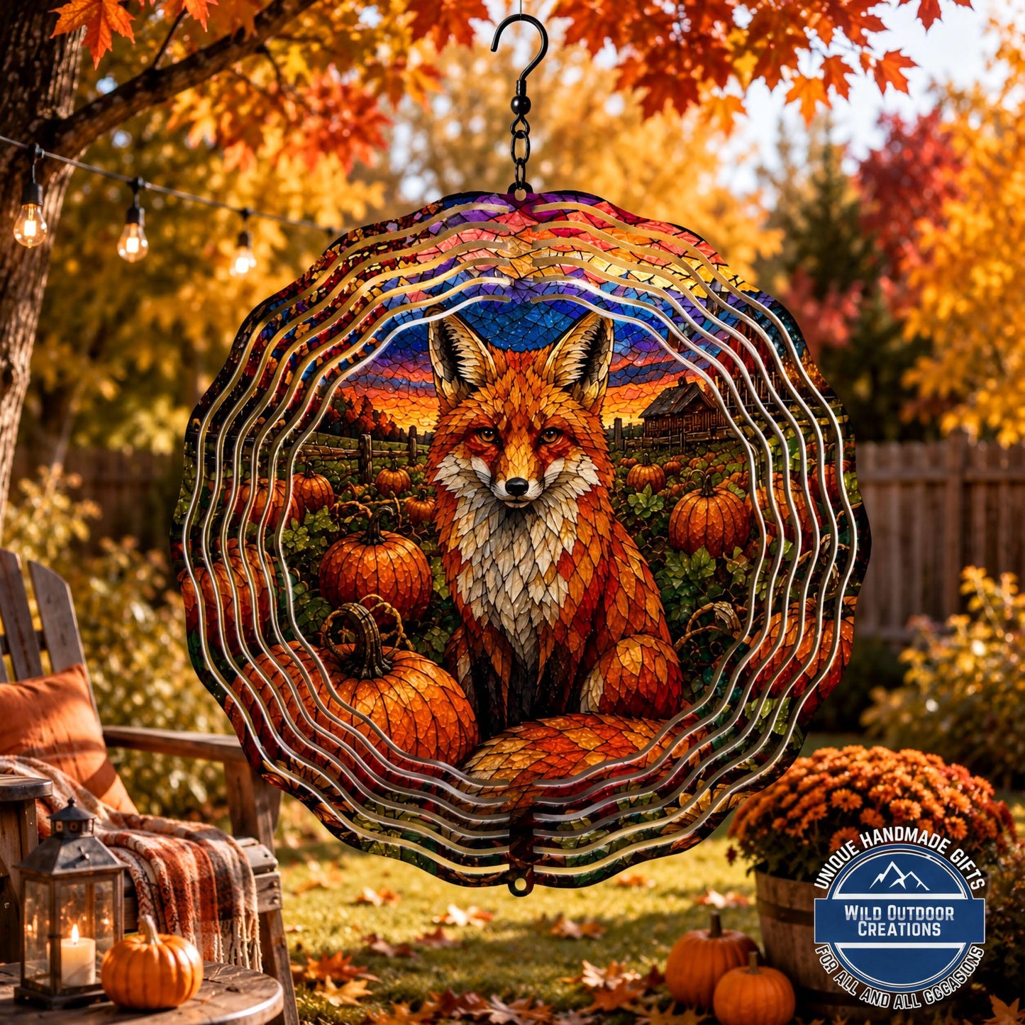 Fox Faux Stained Glass Wind Spinner Fall Pumpkin Patch Garden Decor