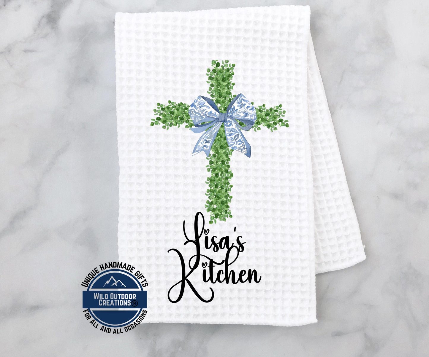 Personalized Kitchen Towel - Custom Name Cross Waffle Weave Easter Gift - scale and size reference