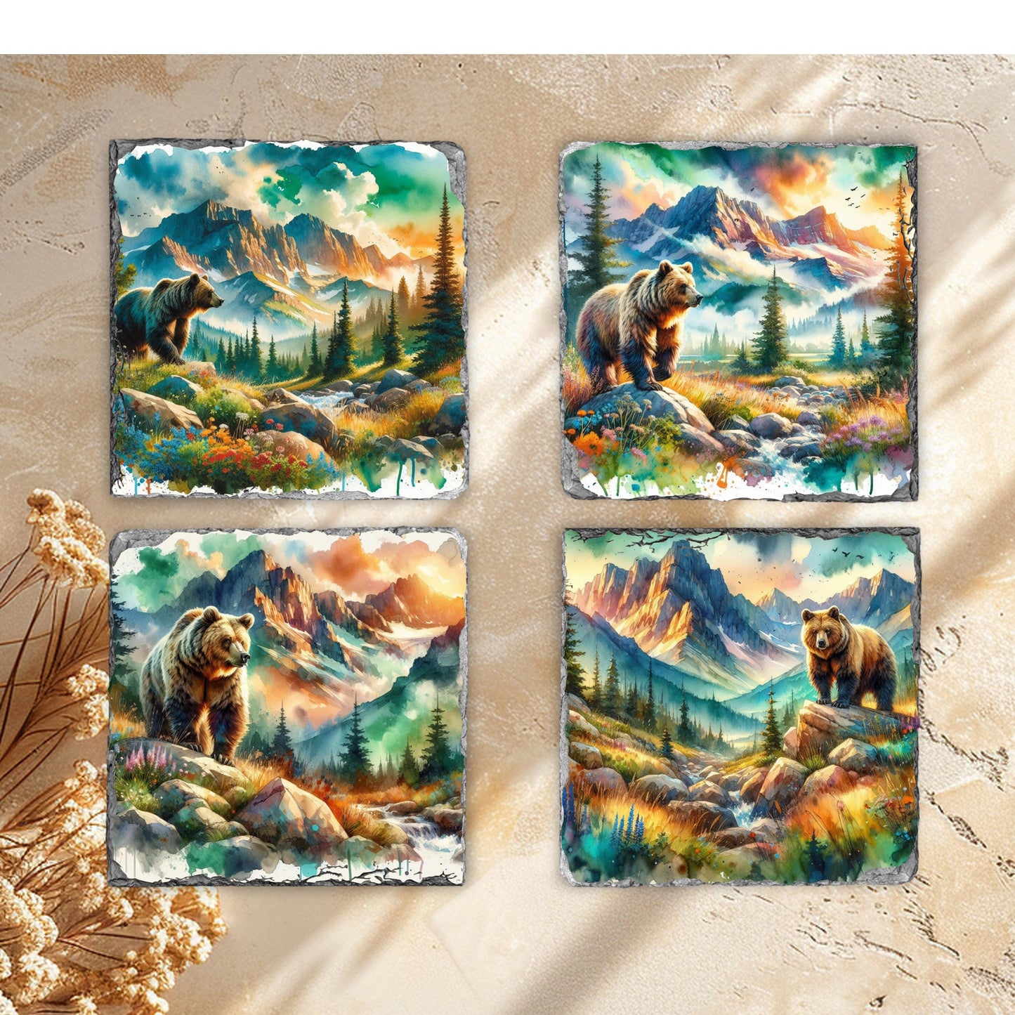 Brown Bear Mountain Watercolor Slate Coaster Set with Black Rack  Unique Nature Gift for Wildlife Enthusiasts