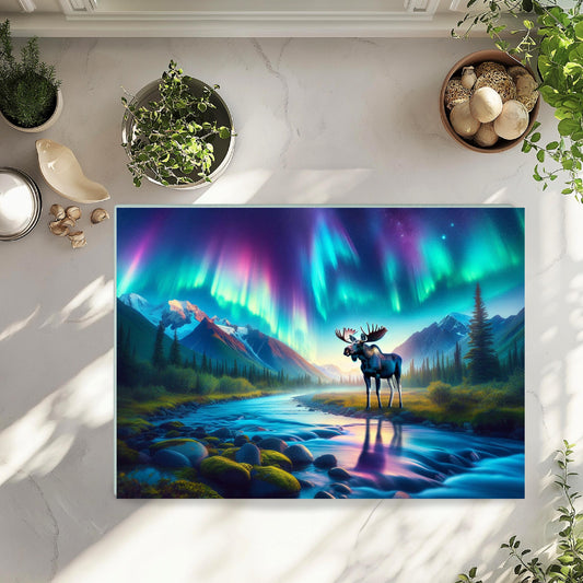 Northern Lights Moose River Glass Cutting Board, Outdoor Lover Gift, Hostess Housewarming Gift, Charcuterie Board, Moose Lover Gift