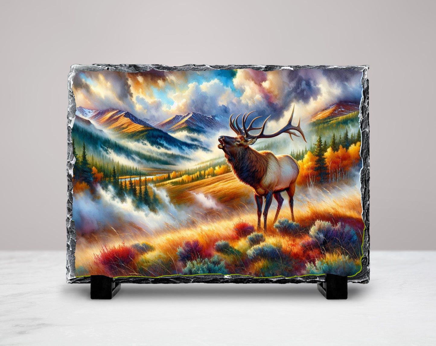 Bugling Elk Slate Plaque - Autumn Mountain Scene Wildlife Art for Rustic Cabin Decor