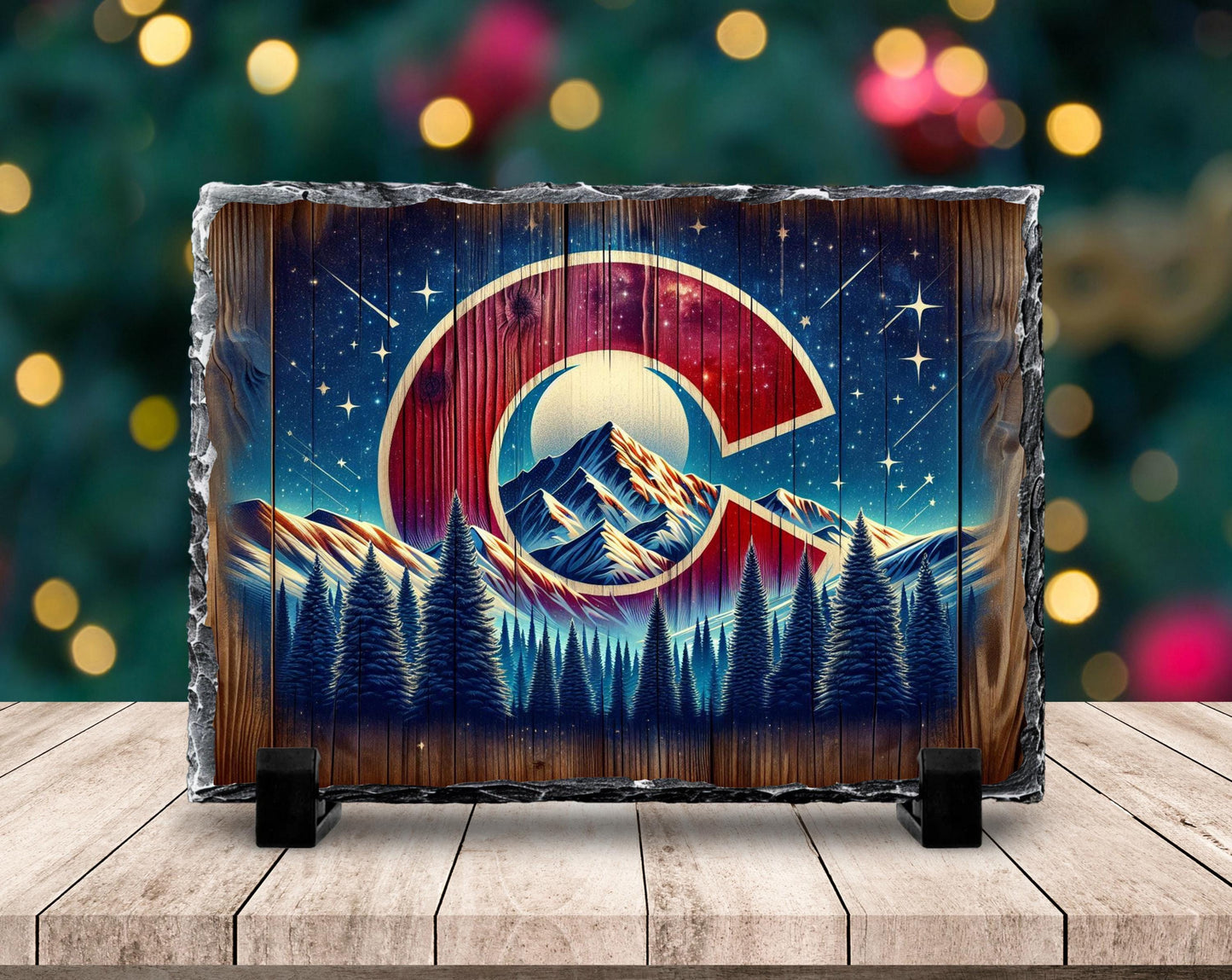 Handcrafted Slate Art - Colorado Mountain Scene with Night Sky  Shooting Stars Rustic Home Decor Gift