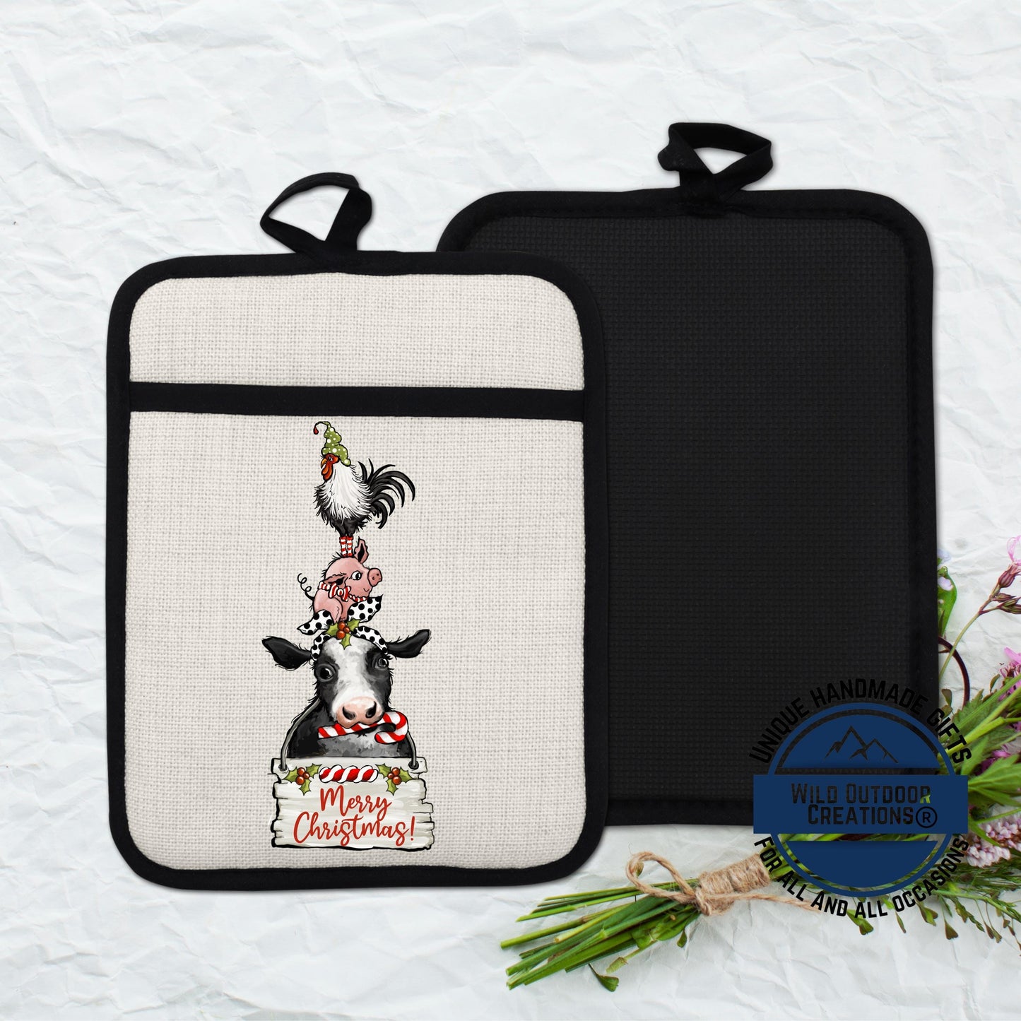 Farm Animal Pot Holder Linen Hot Pad Cow Pig Rooster Christmas Kitchen Gift