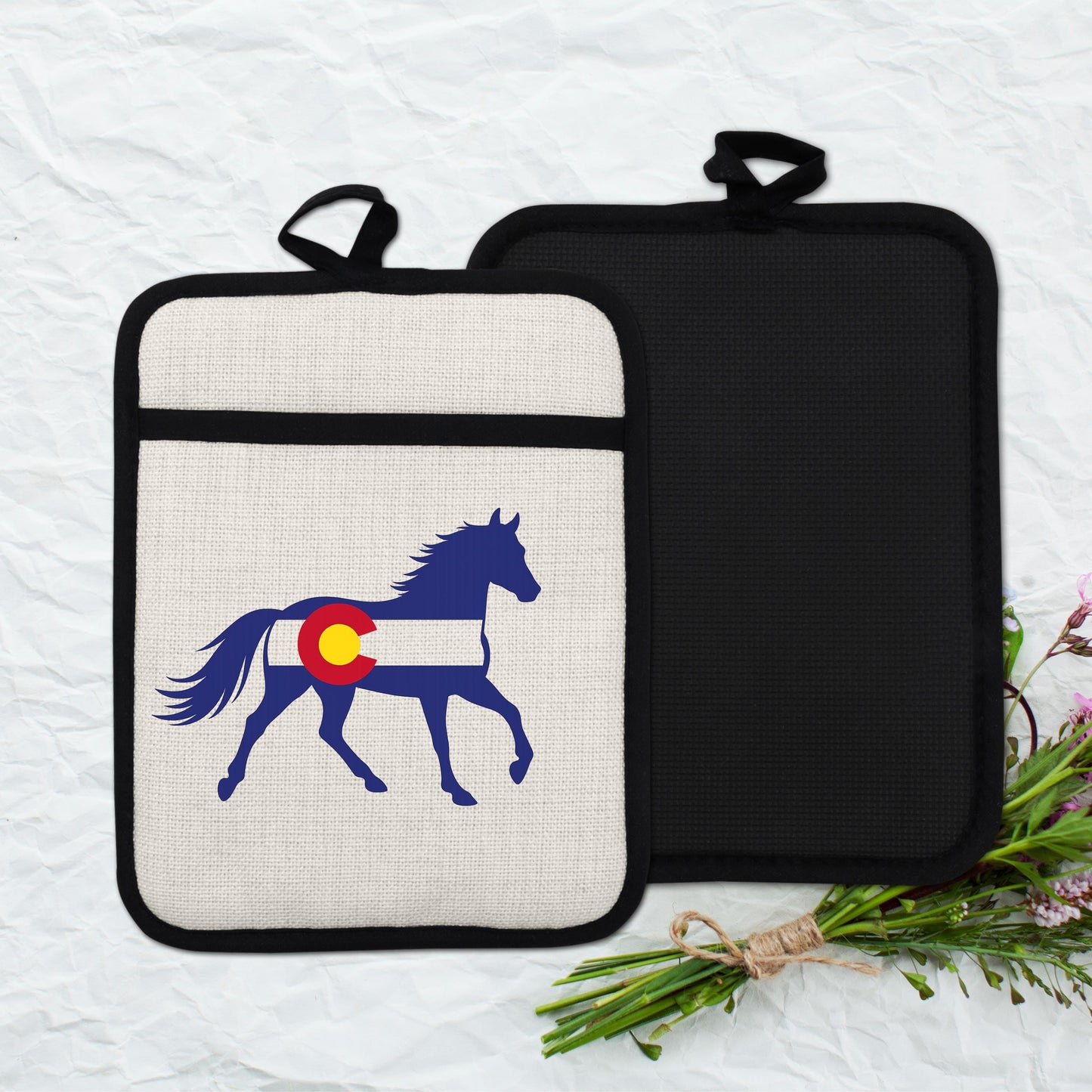 Horse Oven Mitt - Colorado Pot Holder With Silicone Back & Linen Front, Heat Resistant