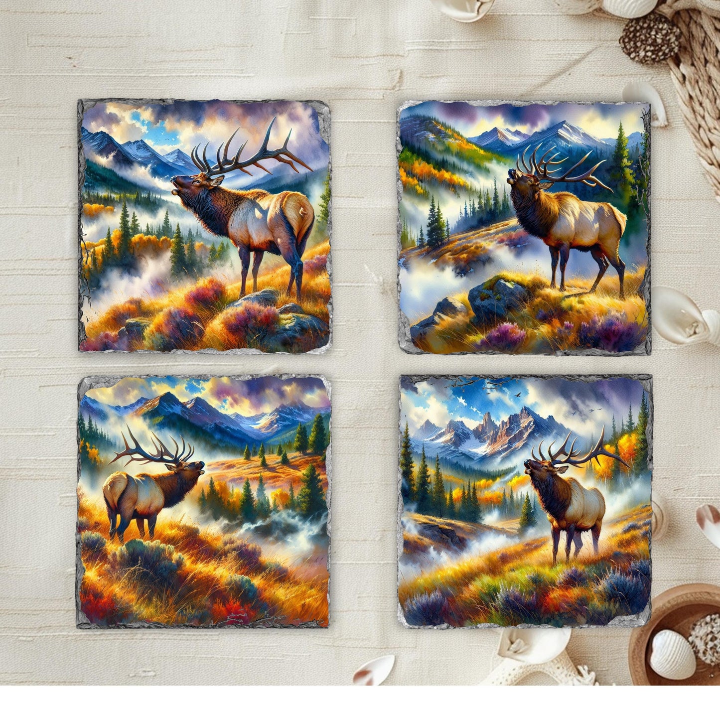 Elk Mountain Scene Slate Coaster Set with Watercolor Effect  Fractured Edges  Perfect Gift for Nature Lovers