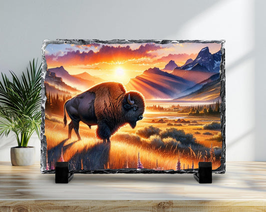 Bison Sunset Slate Sign – Rustic Buffalo Mountain Art With Fade Resistant Printing