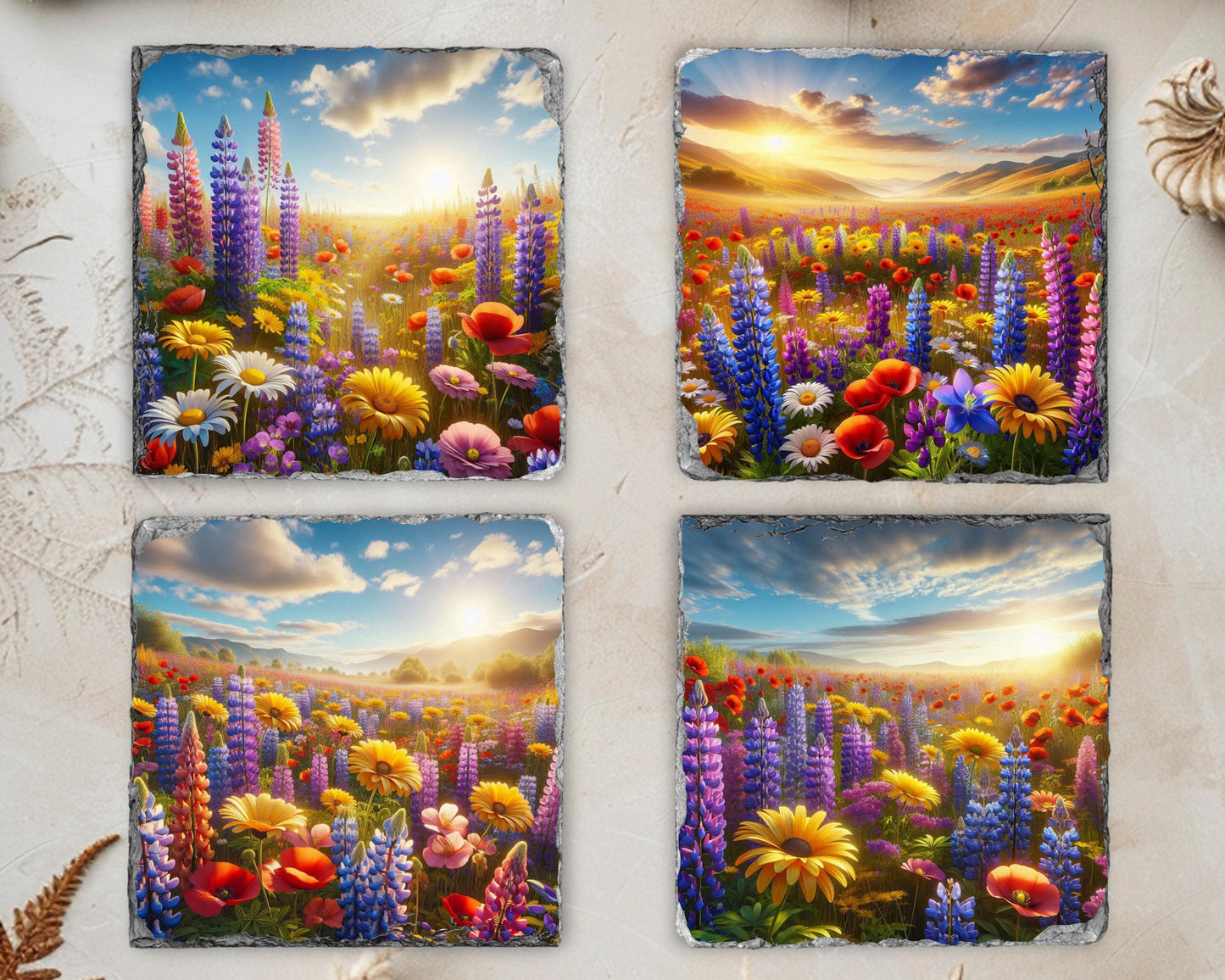 Rustic Sunset Slate Coaster Set - Wildflower Valley Gift for Her