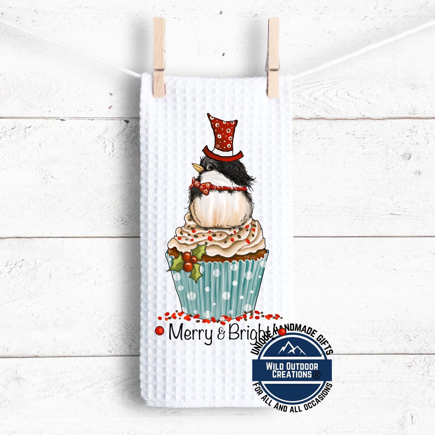 Chickadee Cupcake Christmas Kitchen Towel Merry Bright Bird Waffle Weave Holiday Decor Gift