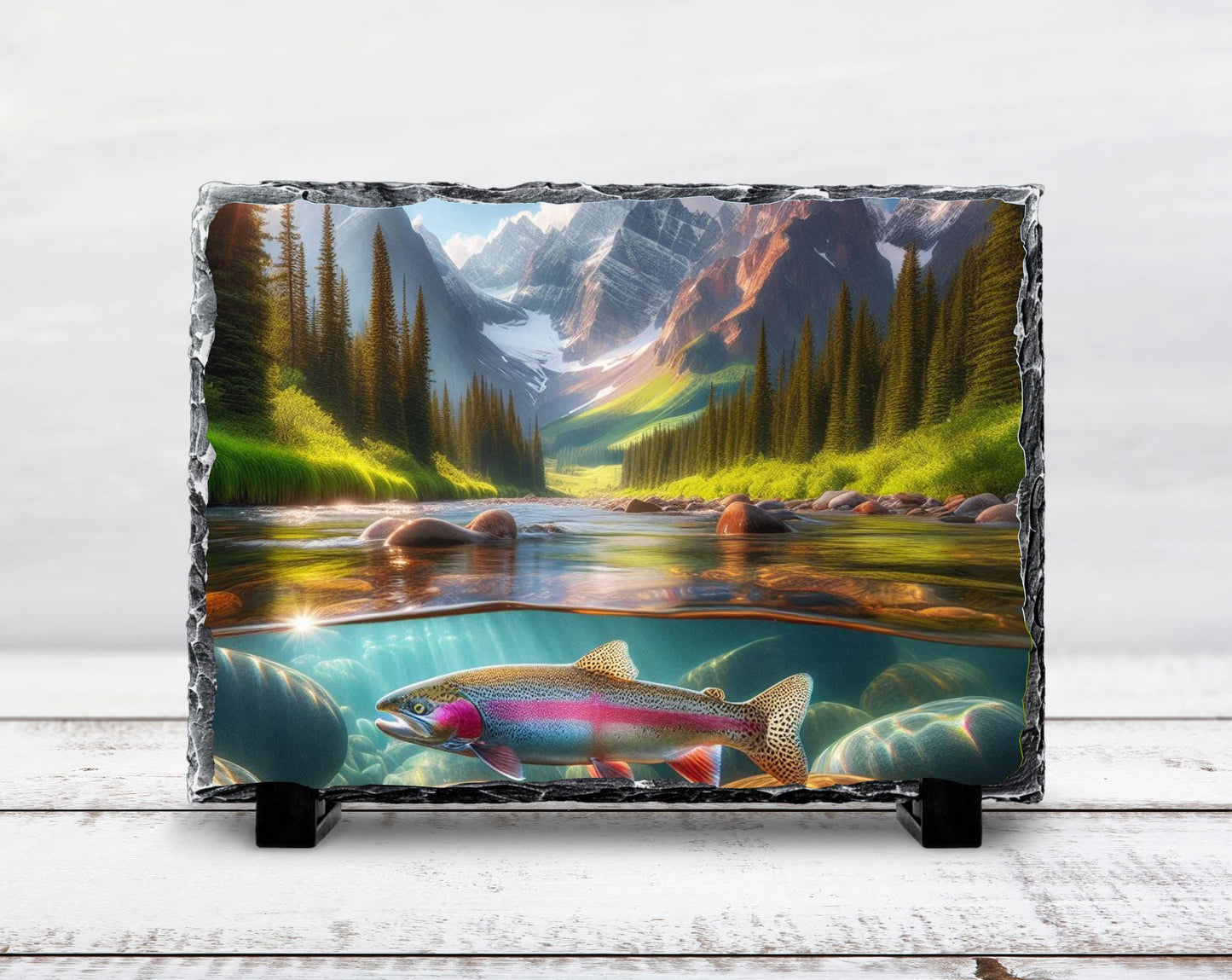 Nature-Inspired Slate Art featuring Rainbow Trout  Rustic Mountain Stream Wall Decor for Outdoor Enthusiasts