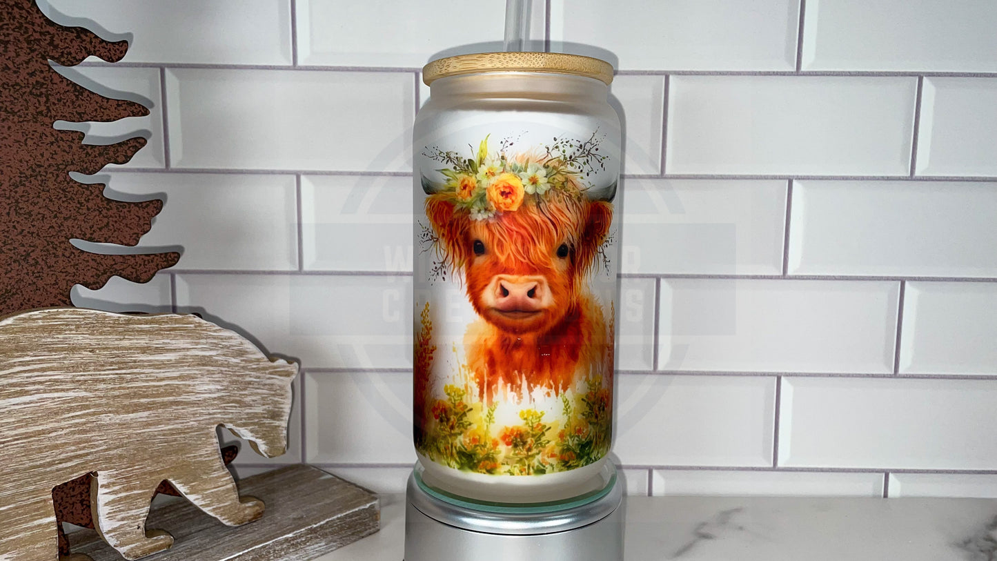 Baby Highland Cow Tumbler, Glass Tumbler with Straw and Lid, Iced Coffee Cup