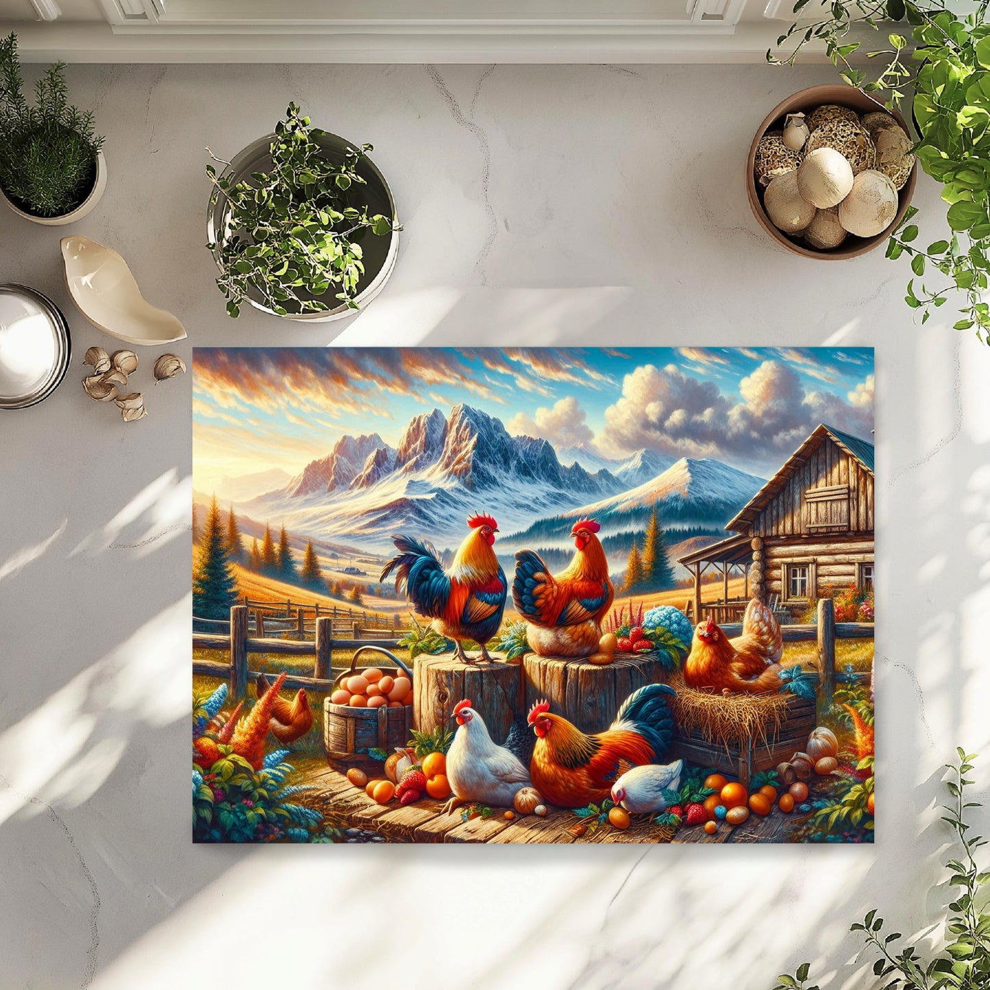 Mountain Farm Chicken Cutting Board - Rustic Glass Art Kitchen Decor Perfect Gift for Chicken Lovers