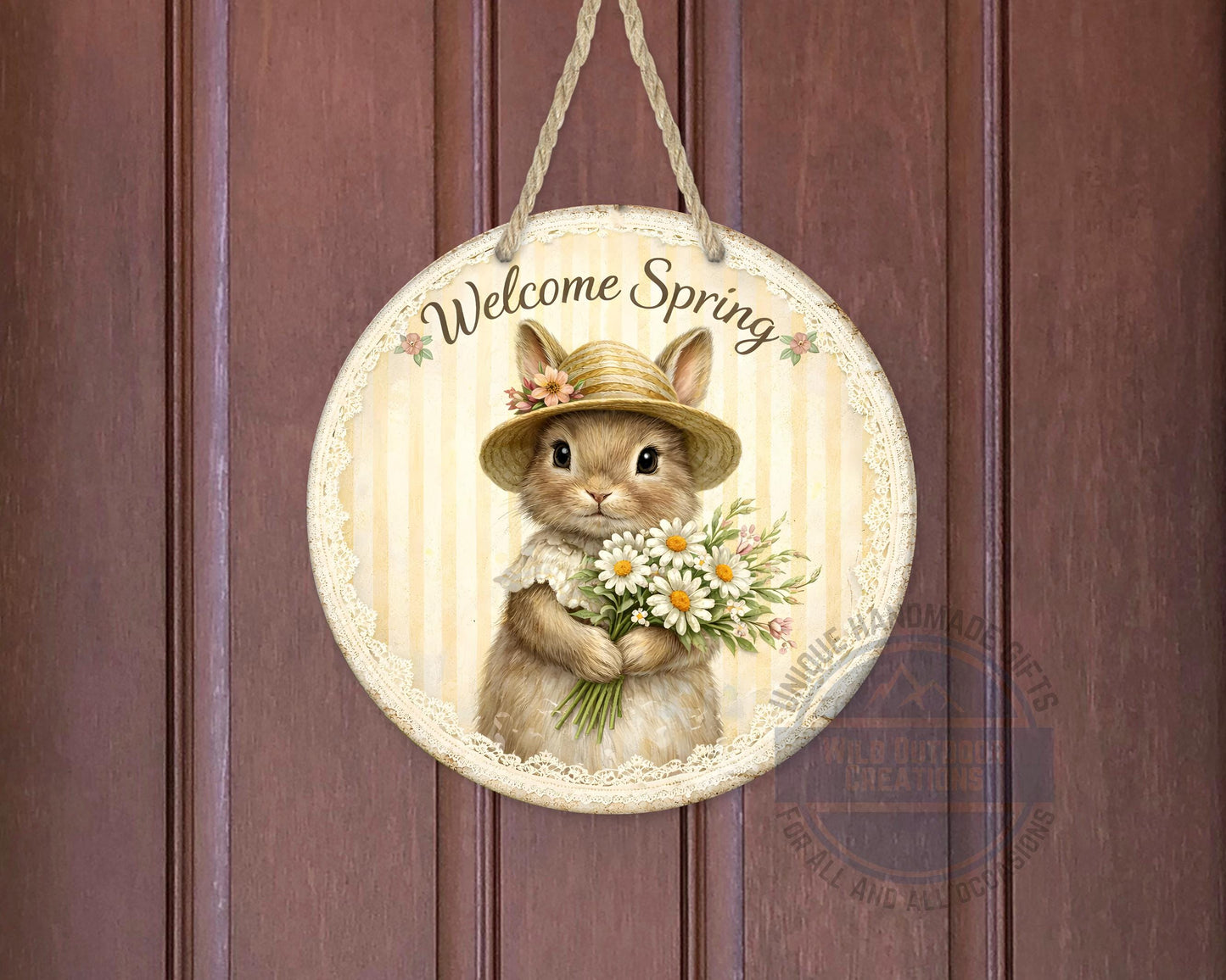 Spring Bunny Door Hanger – Floral Rabbit Wreath with Daisy Bouquet Sign