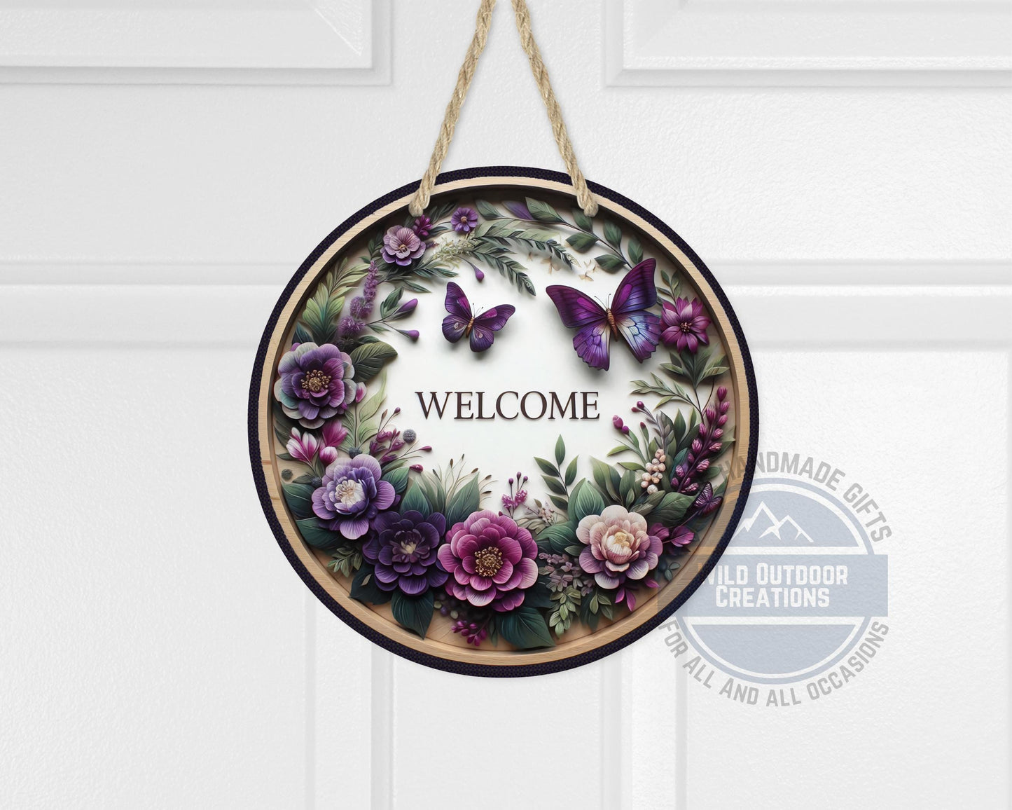 Welcome Door Hanger - Purple Floral Butterfly Porch Sign | Weather Resistant Aluminum