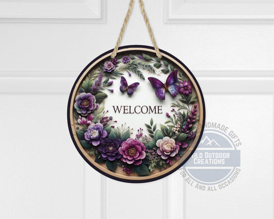 Welcome Door Hanger - Purple Floral Butterfly Porch Sign | Weather Resistant Aluminum