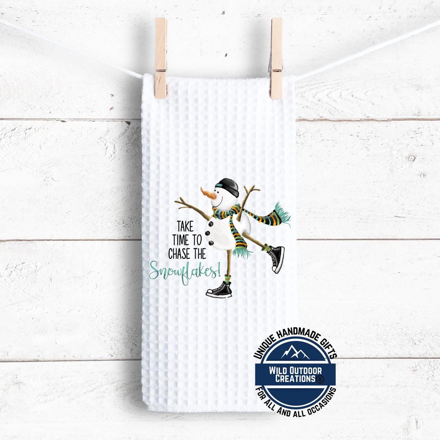 Ice Skating Snowman Kitchen Towel Chase The Snowflakes Winter Waffle Weave Holiday Decor