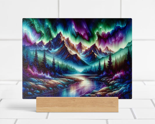 Mountain Northern Lights Glass Cutting Board, Outdoor Lover Gift, Hostess Housewarming Gift, Challah Board, Charcuterie Board, Unique Gift
