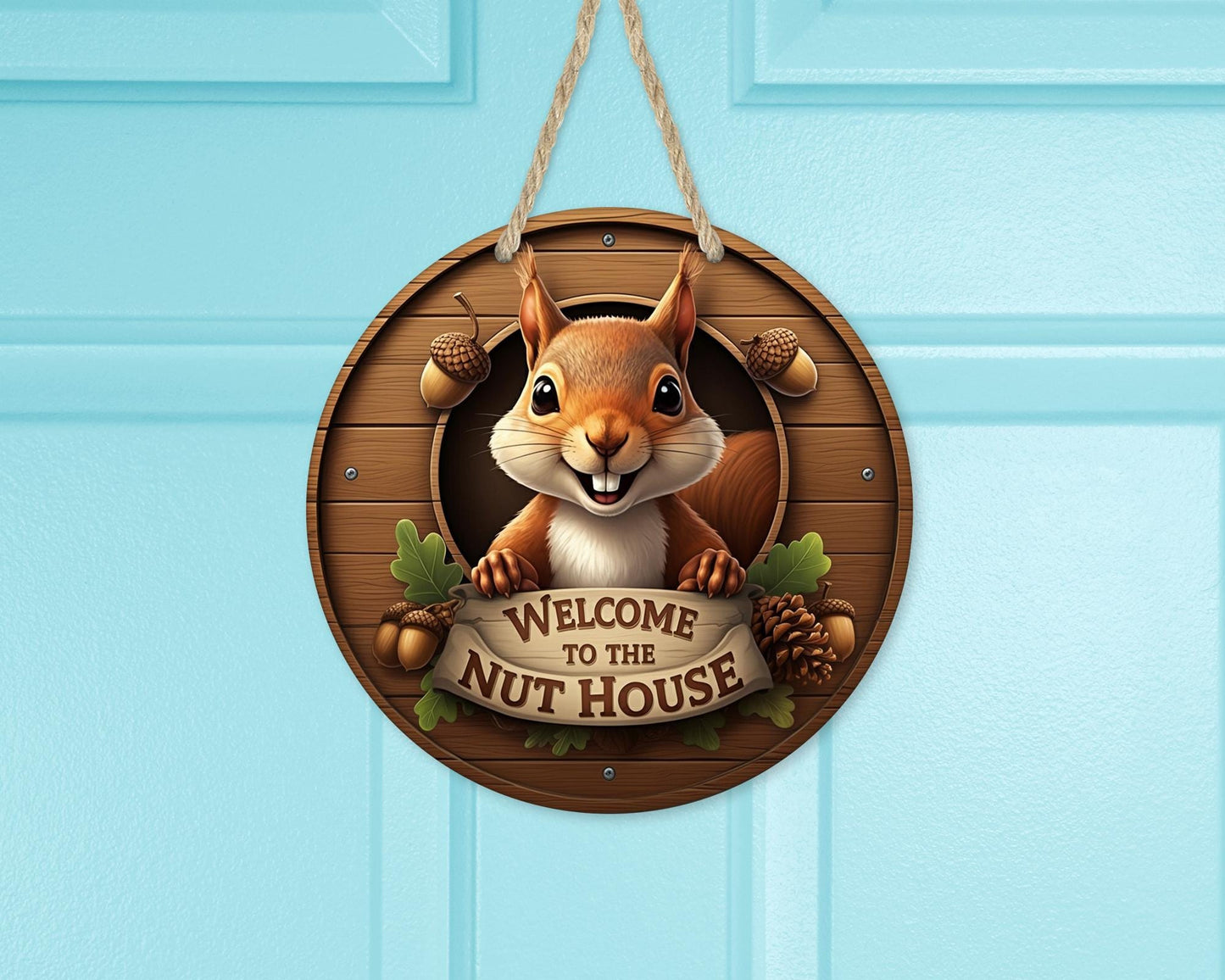 10 Round Nut House Door Wreath with Squirrel - Quirky Front Door Decor  Unique Gift for Squirrel Lovers