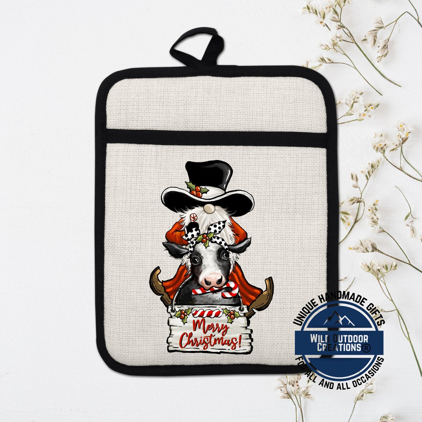 Christmas Cow Pot Holder Linen Hot Pad Cowboy Gnome Farmhouse Kitchen Gift