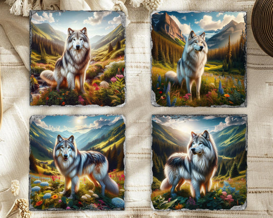 Artistic Wolf Mountain Slate Coaster Set  Ideal Gift for Wildlife Lovers and Housewarmings