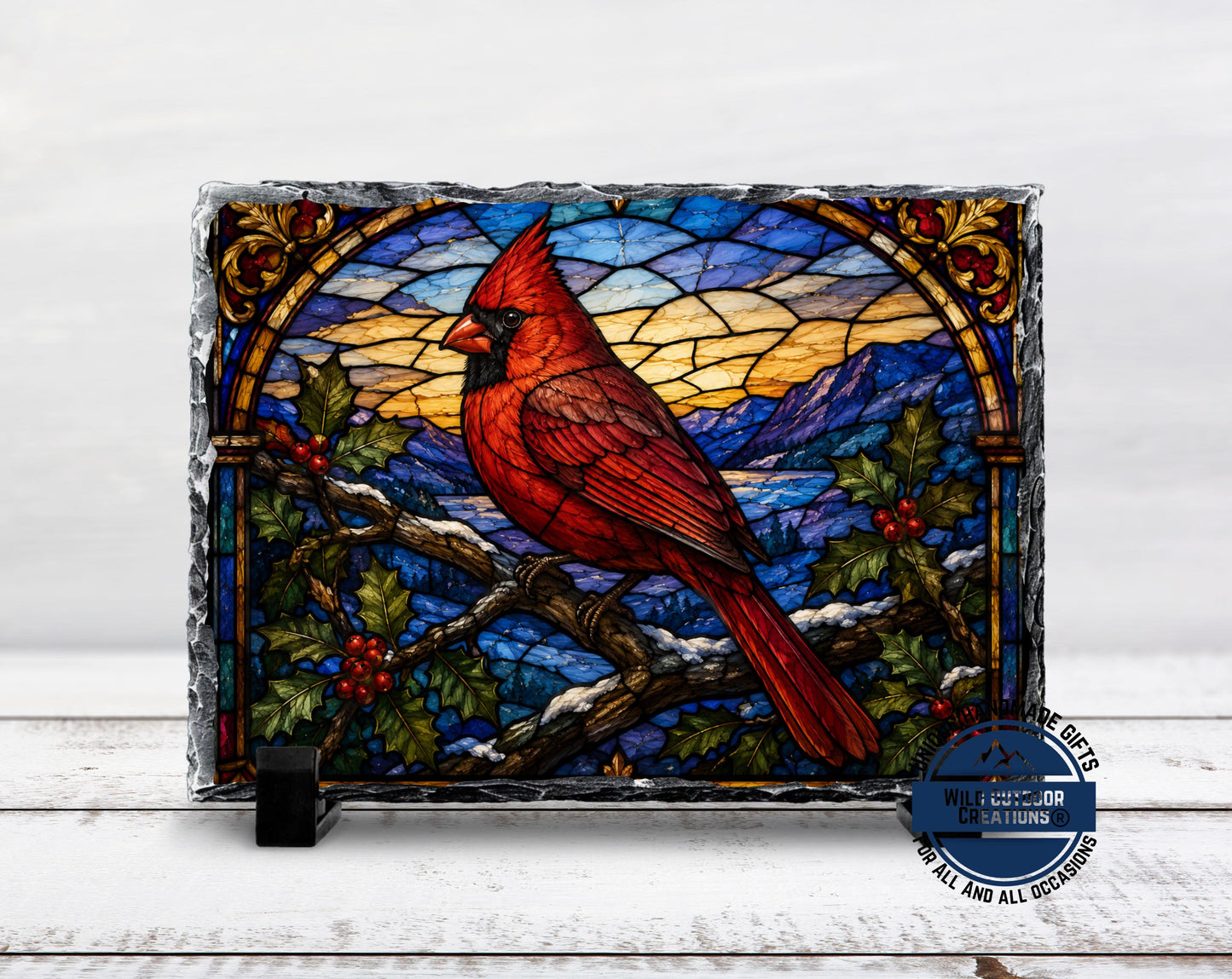 Red Cardinal Faux Stained Glass Slate Plaque, Memorial Bird Decor, Christmas Sympathy Gift
