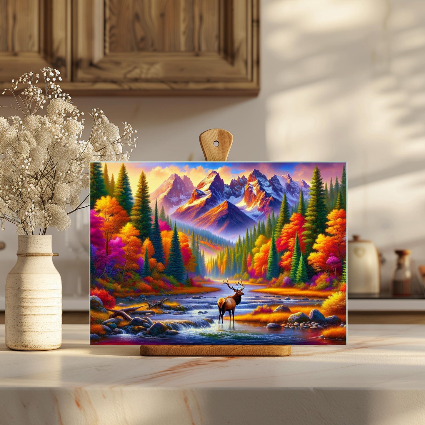 Glass Cutting Board with Elk in Mountain River Design - Fall Wildlife Kitchen Decor