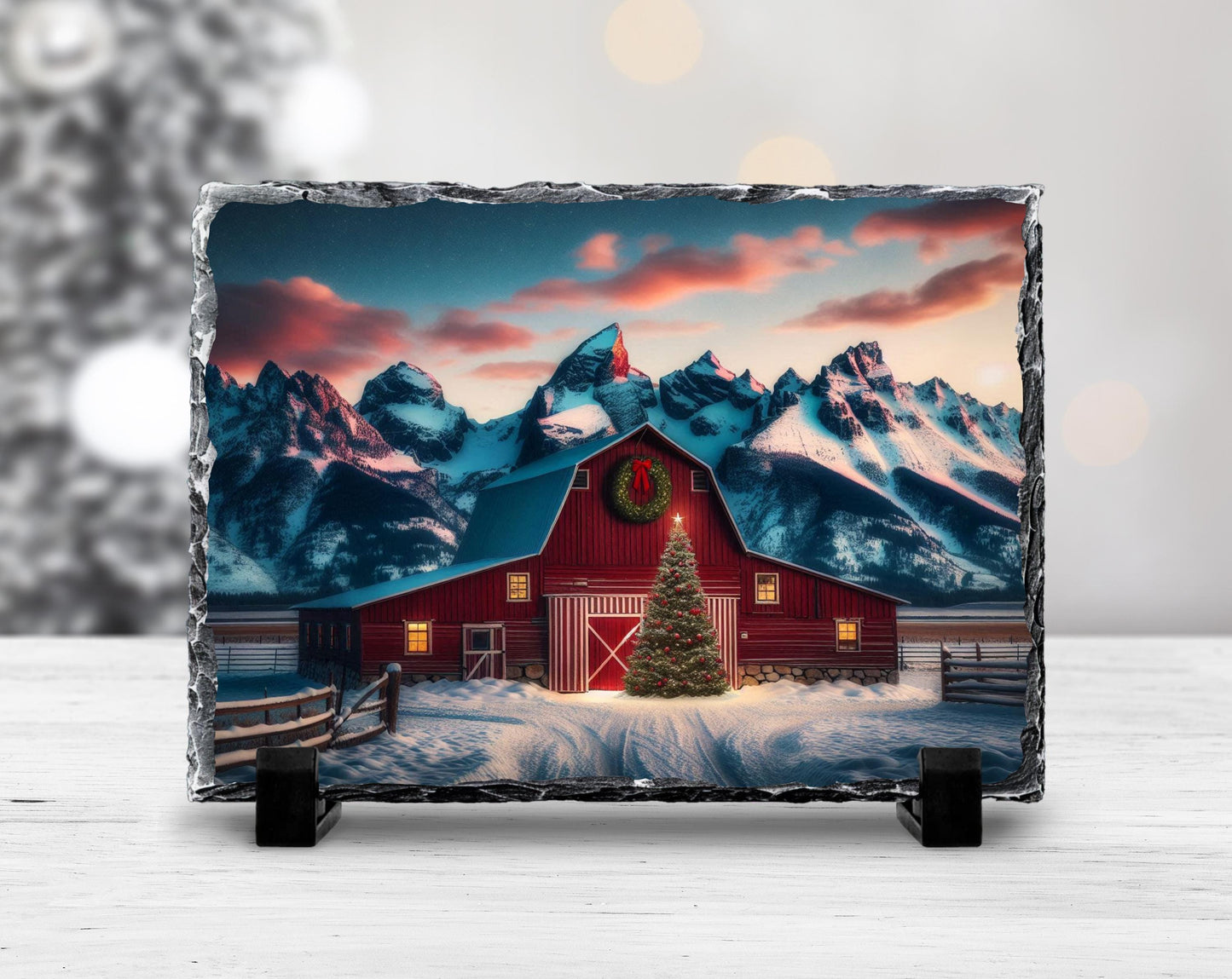 Christmas Slate Sign with Red Barn  Mountain Scene - Fractured Edge Holiday Décor Gift
