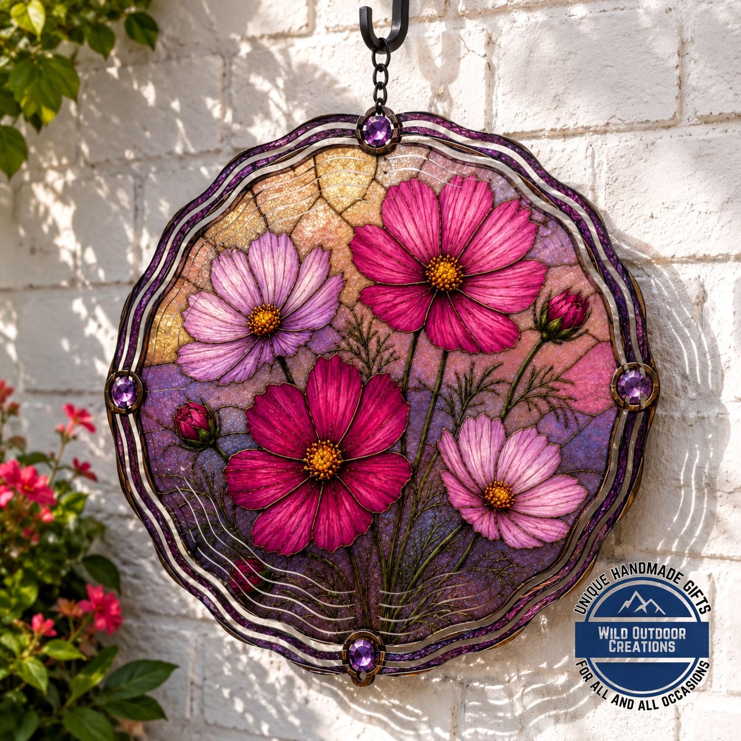 October Birth Flower Wind Spinner Cosmos Faux Stained Glass Garden Gift Yard Art