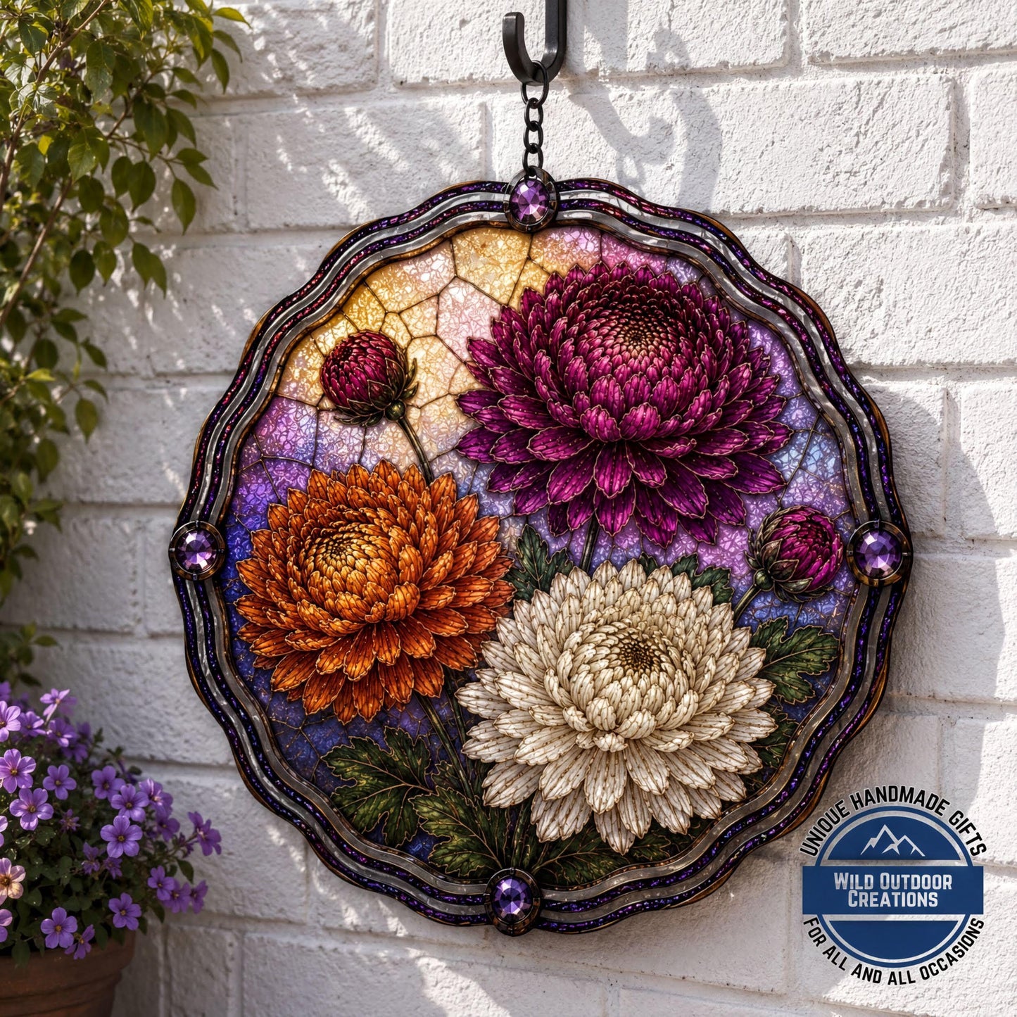 November Birth Flower Wind Spinner Chrysanthemum Faux Stained Glass Garden Gift Yard Art