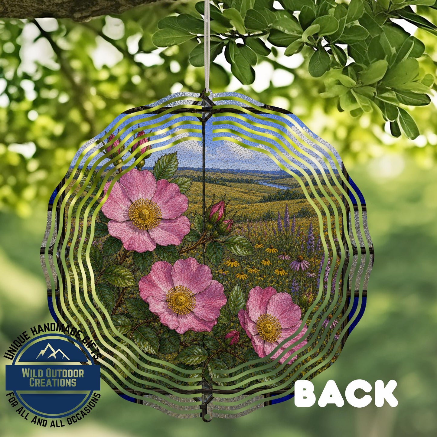 Wild Prairie Rose Wind Spinner Iowa State Flower Stained Glass Garden Aluminum Decor