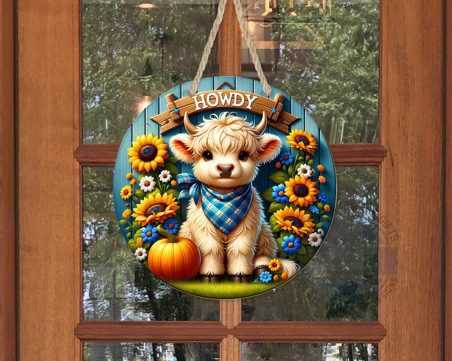 Farmhouse Door Hanger - Aluminum Round Sign with Highland Cow Decor, Blue Plaid