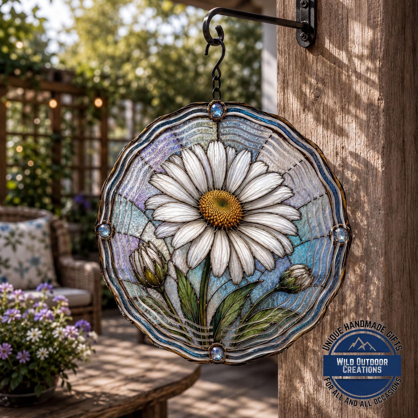 April Birth Flower Daisy Wind Spinner 10 Inch Faux Stained Glass Metal Garden Decor