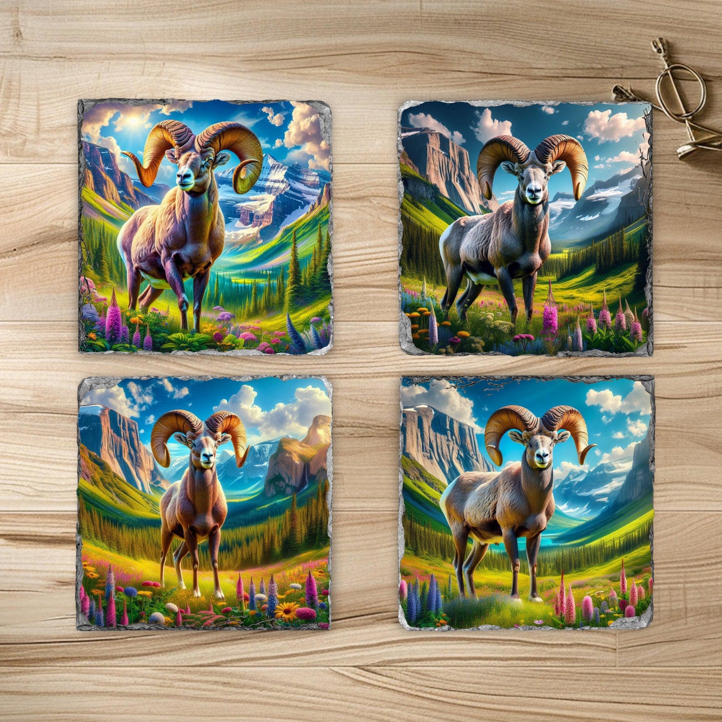 Slate Coaster Set Featuring Big Horn Sheep Mountain Valley and Wildflowers with Black Rack - Ideal Nature Gift
