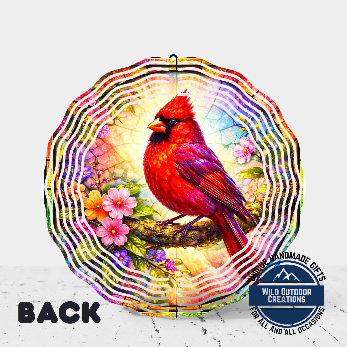 Cardinal Wind Spinner - 10 Inch Aluminum Outdoor Garden Decor With Pink Yellow Flowers