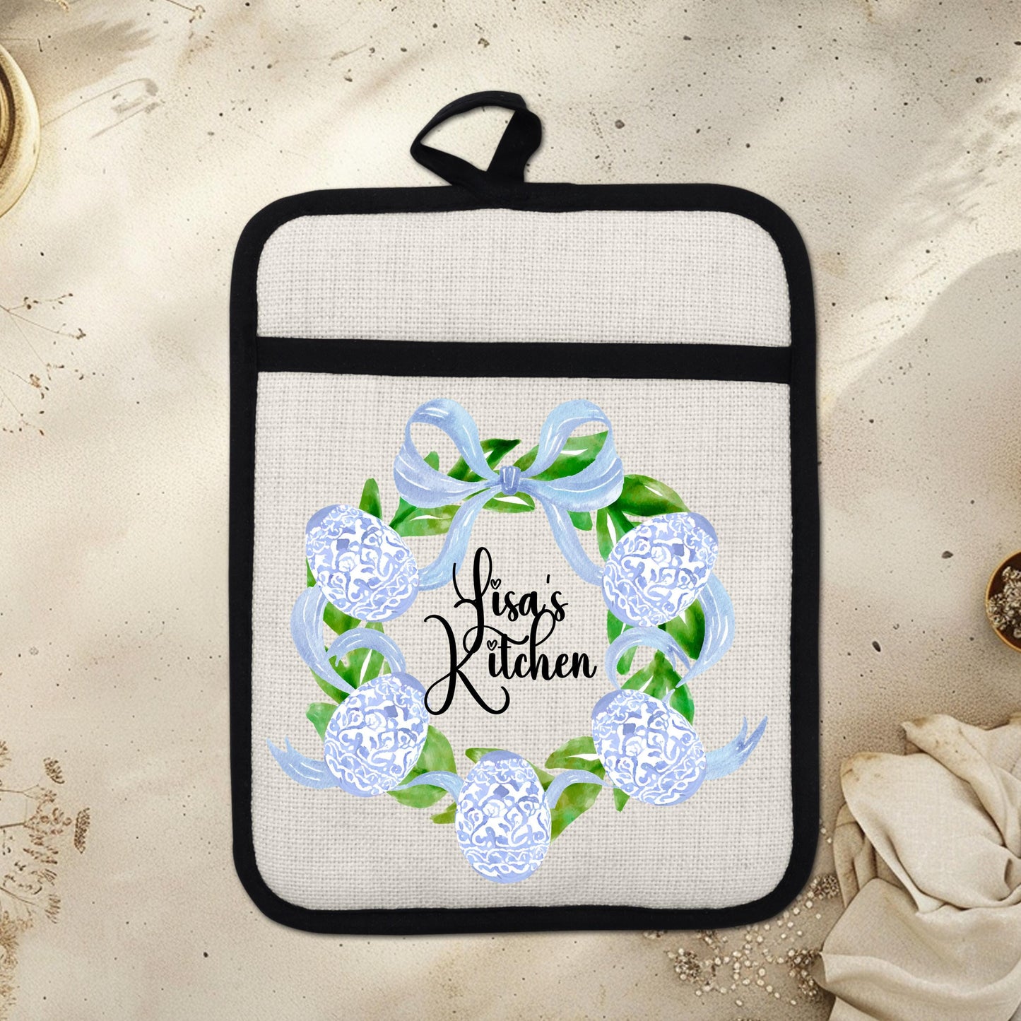 Personalized Easter Wreath | Non-Slip Pot Holder, Blue & White Chinoiserie Style Decor Gift - lifestyle view