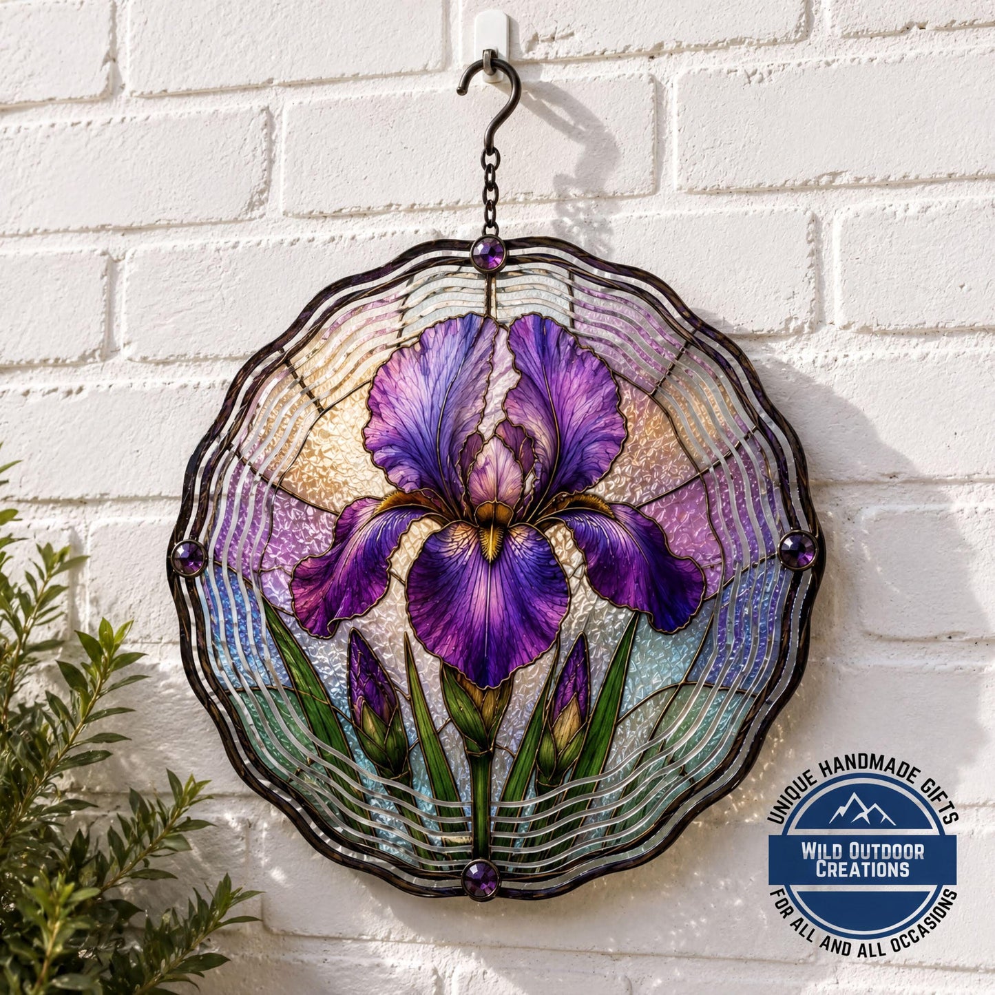 February Birth Flower Iris Wind Spinner 10 Inch Faux Stained Glass Metal Garden Decor