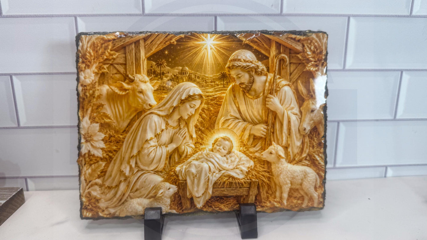 Nativity Scene Slate Plaque, Christmas Religious Wall Art, Rustic Rock Decor Gift