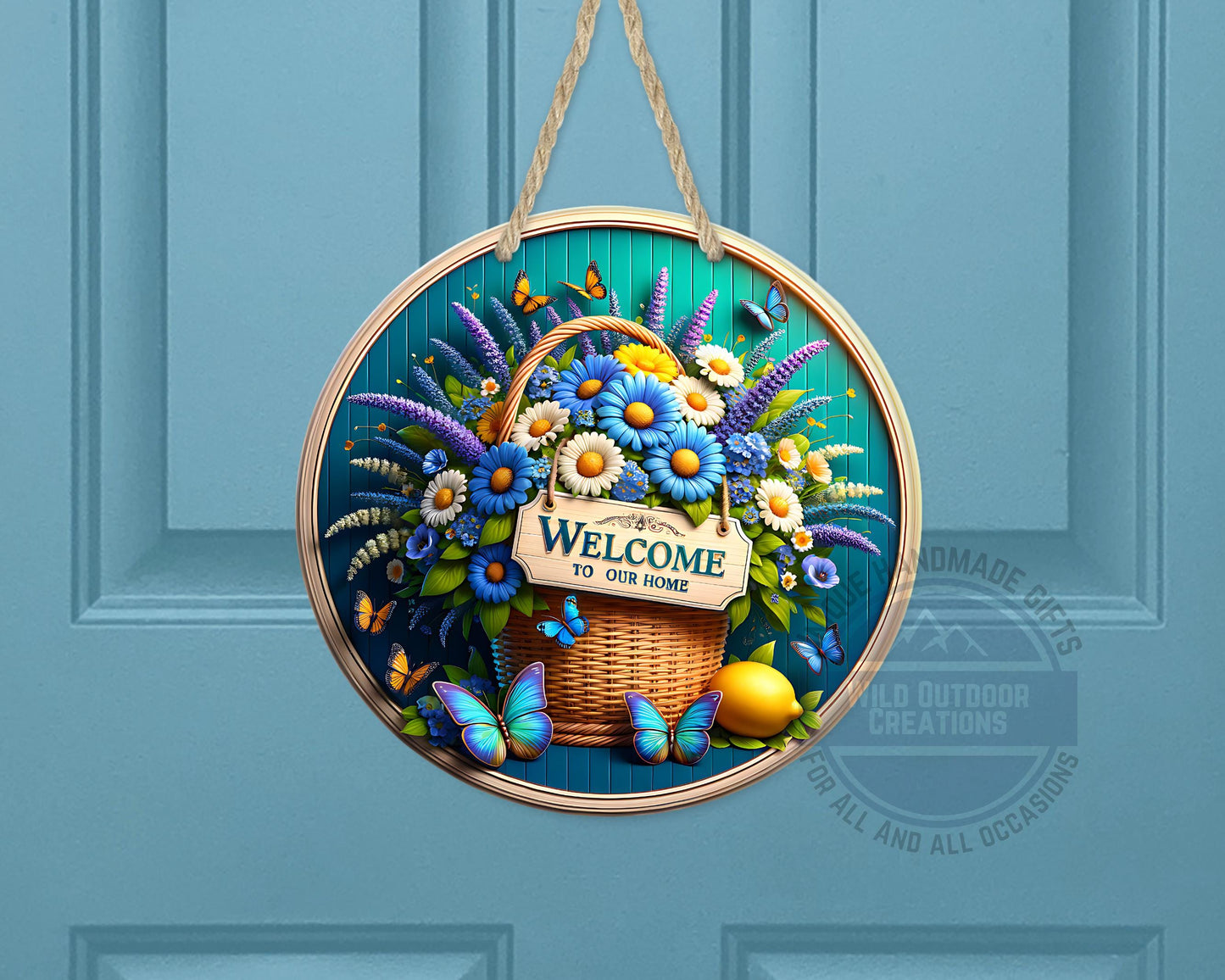 Welcome Door Sign – Blue Daisy Floral Basket | Outdoor Aluminum Porch Decor
