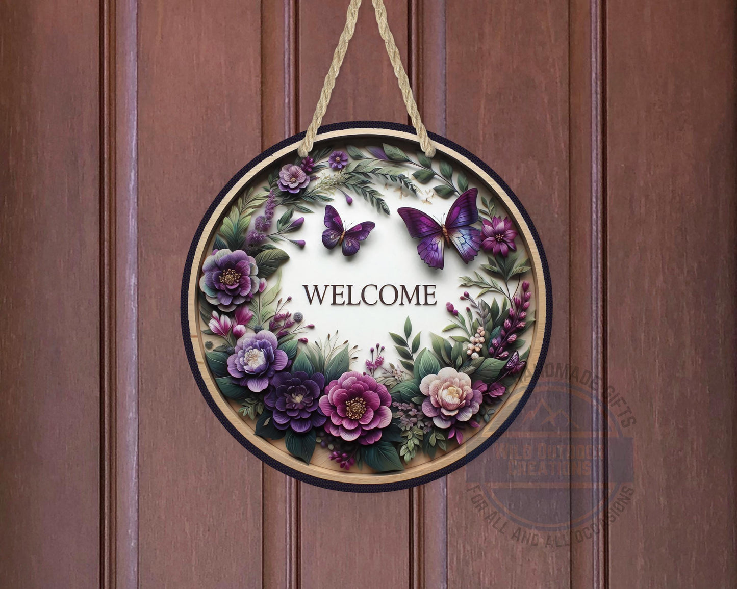 Welcome Door Hanger - Purple Floral Butterfly Porch Sign | Weather Resistant Aluminum