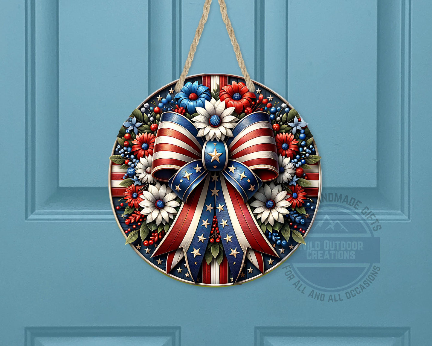Patriotic Door Hanger – Aluminum Door Sign with American Flag Bow & Floral Design