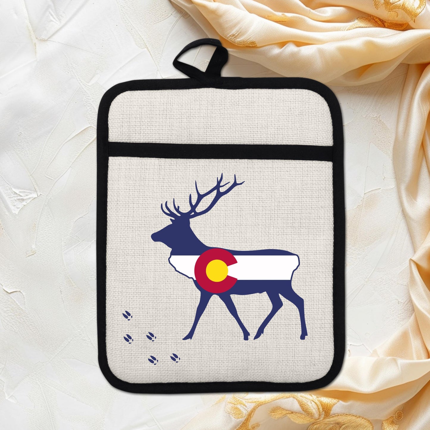 Elk Pot Holder - Colorado Linen With Silicone Back, Heat Resistant Trivet 9x7 Inches