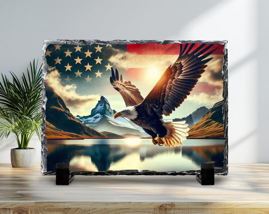 Patriotic Slate Sign - Bald Eagle Decor With American Flag Art & Mountain Lake