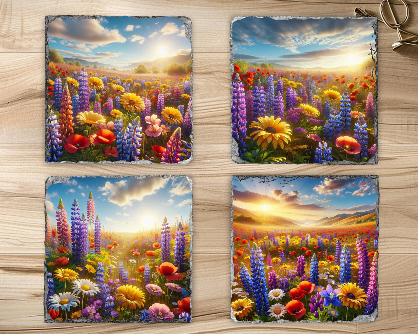 Rustic Sunset Slate Coaster Set - Wildflower Valley Gift for Her