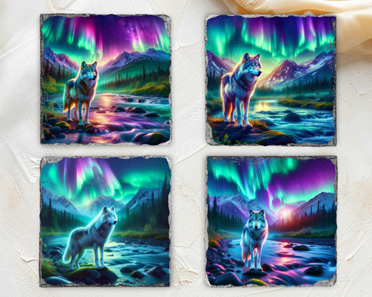 Northern Lights Wolf Slate Coaster Set - Rustic Cabin Decor Gift