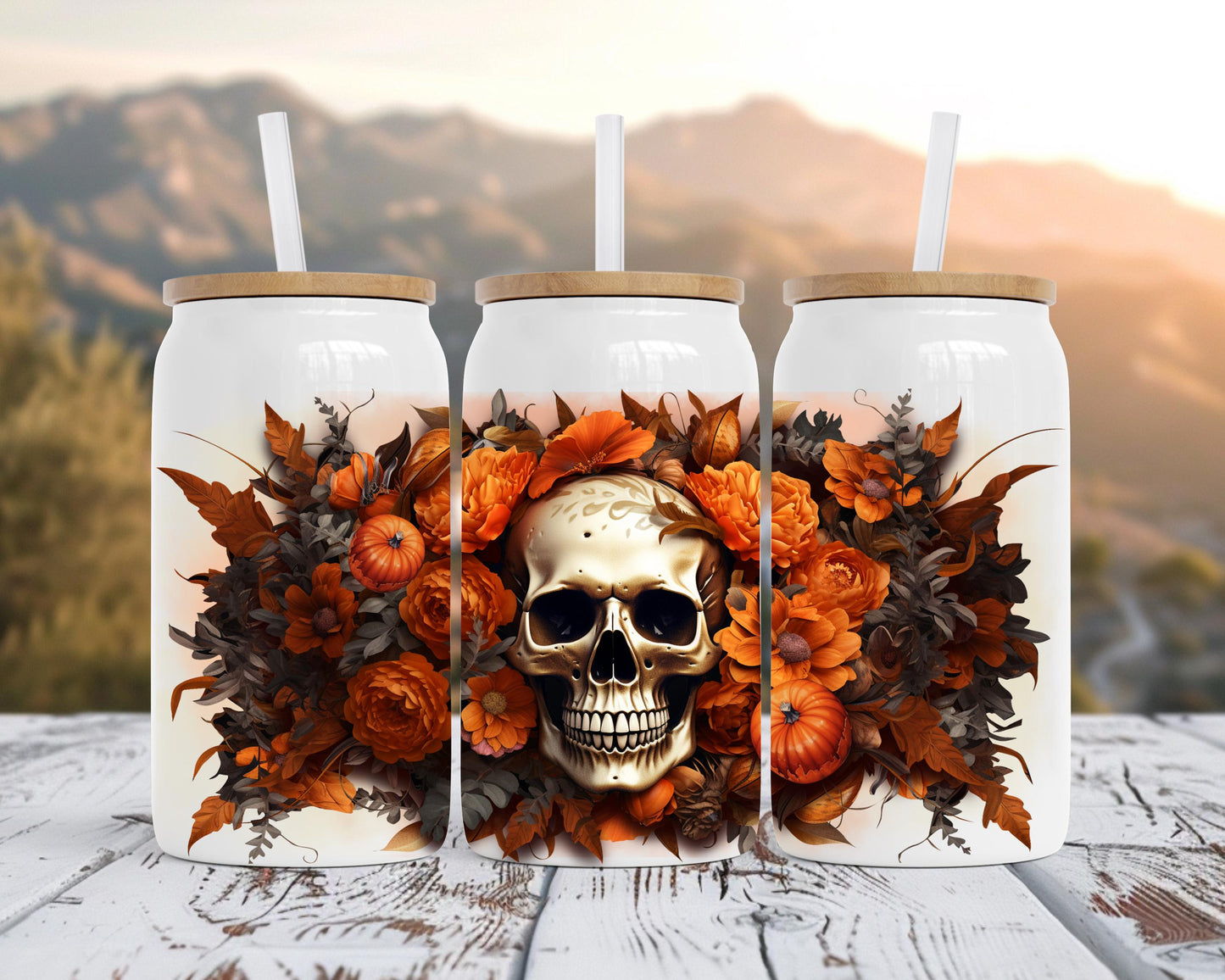Fall Floral Skull Design, Insulated Steel Soda Can with Bamboo Lid, 16oz Cup, Skull Lover Gift