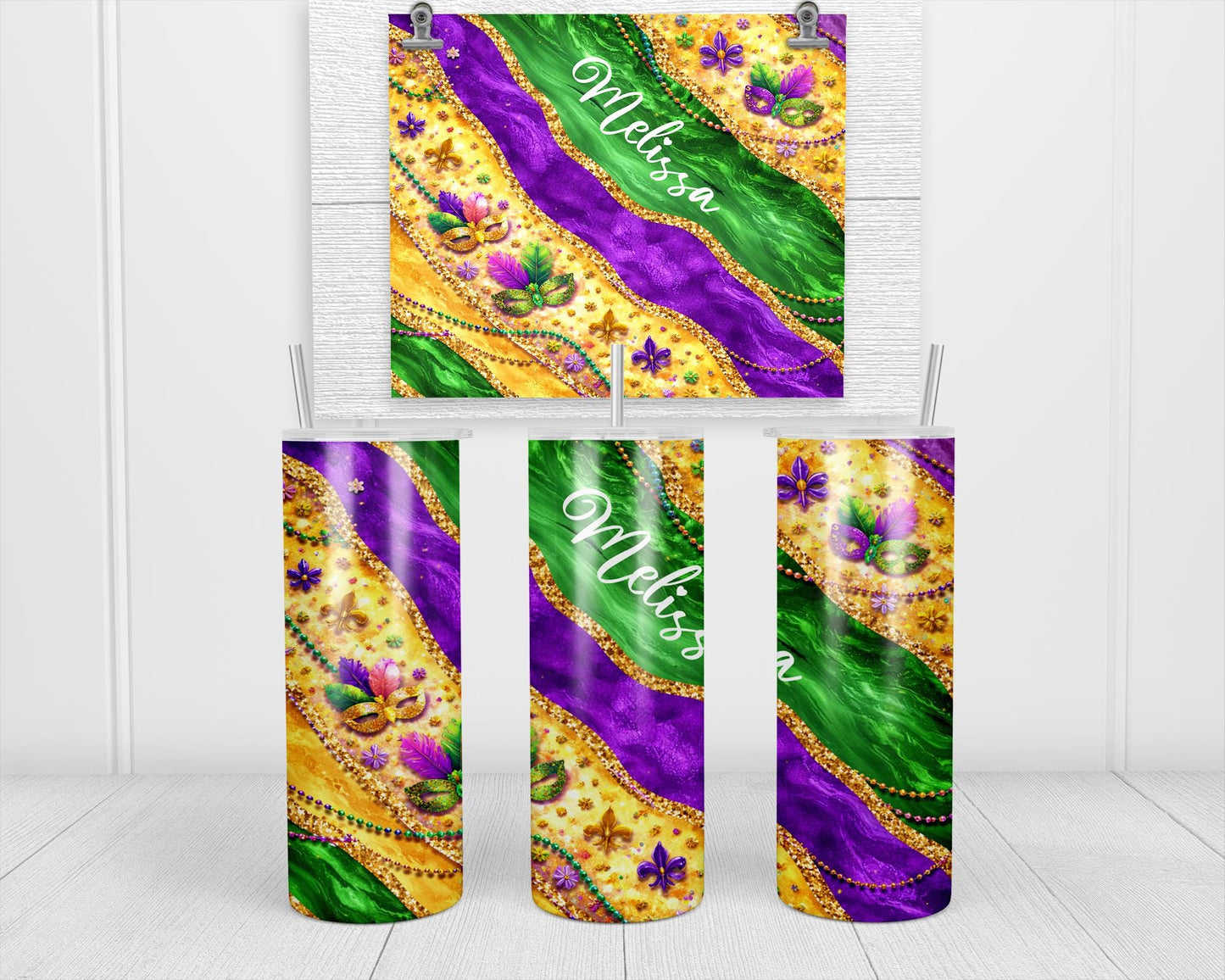 Custom Name Tumbler - Mardi Gras Mask Design | Glow in Dark Green Festival Cup - gift presentation view