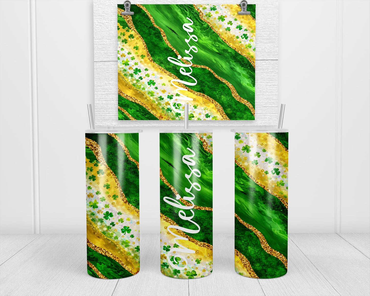 St Patrick's Day Tumbler - Custom Skinny Glow Green Cup With Name & Reusable Straw
