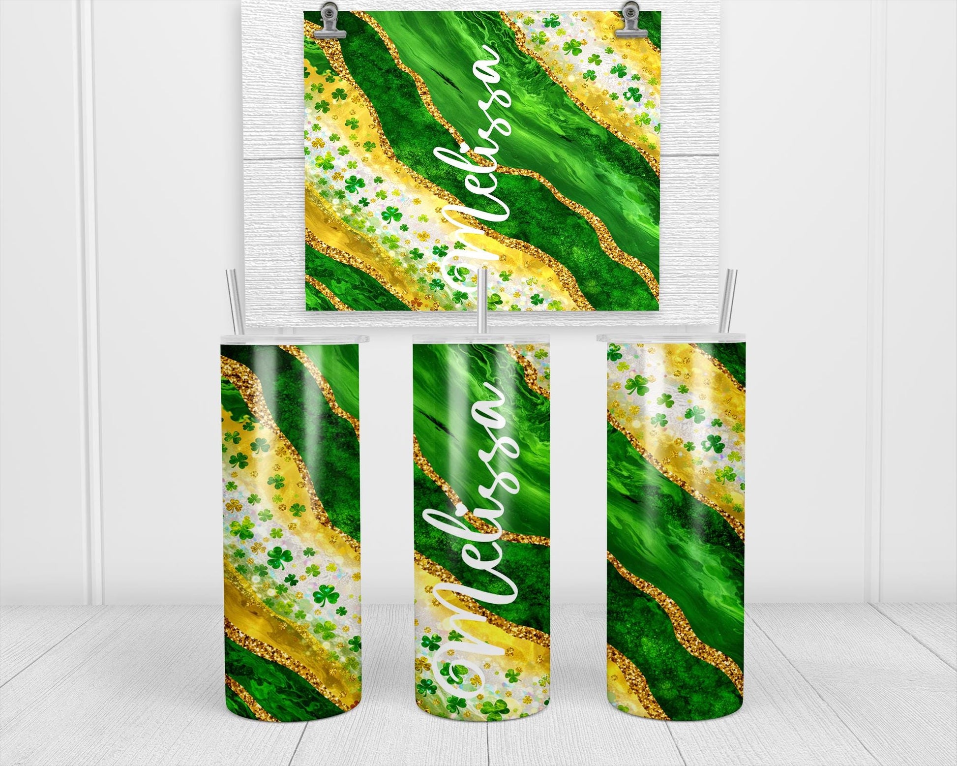 St Patrick's Day Tumbler - Custom Skinny Glow Green Cup With Name & Reusable Straw