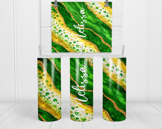St Patrick's Day Tumbler - Custom Skinny Glow Green Cup With Name & Reusable Straw