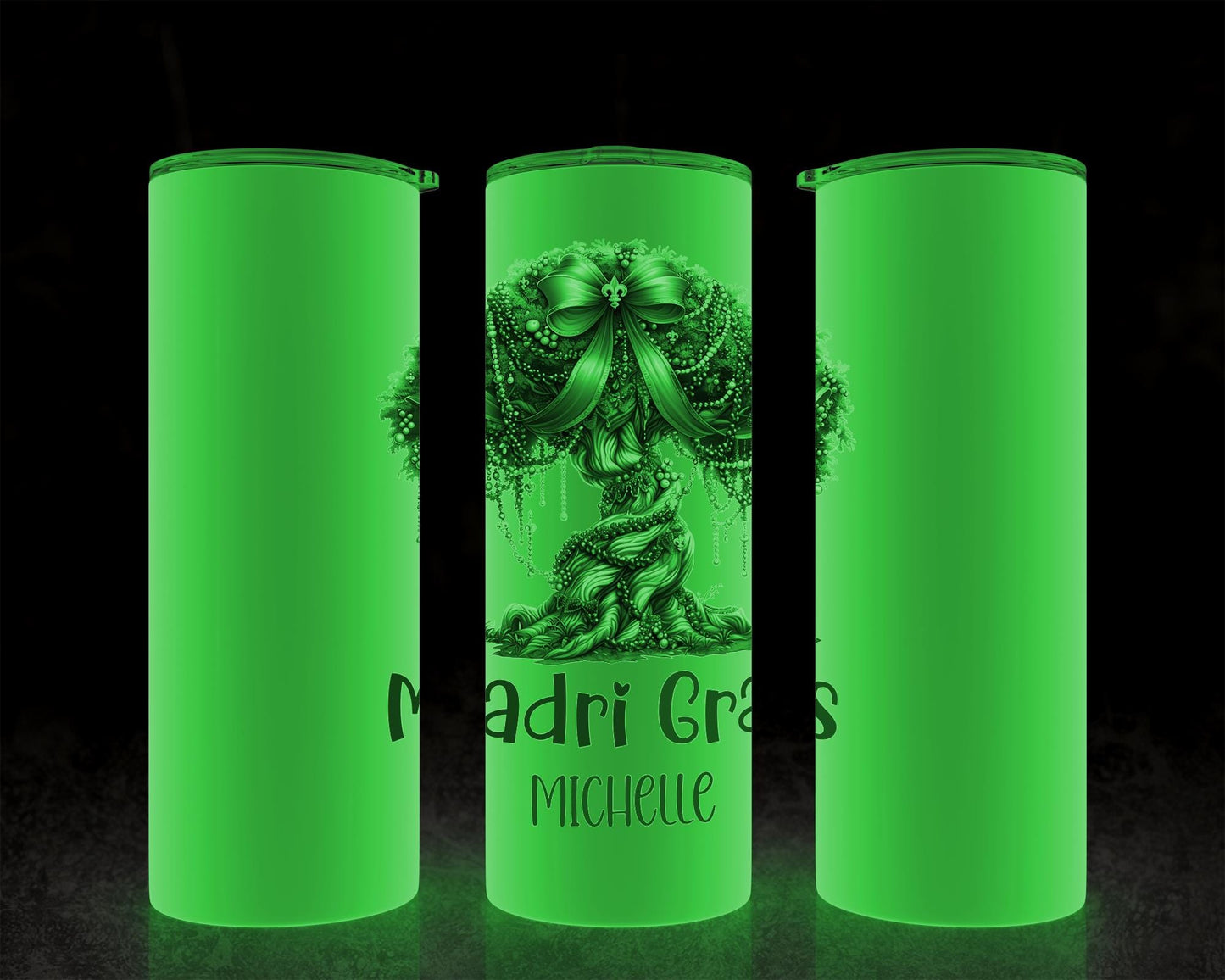 Mardi Gras Skinny Tumbler - Custom Name Glow In Dark Cup | Vacuum Insulated 20oz & 30oz - lifestyle view